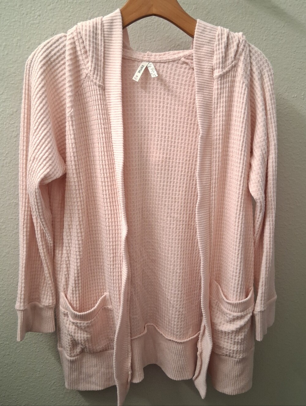 Mudd Light Pink Waffle Knit Cardigan Long Sweater Hooded Medium
